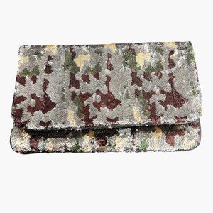BCBGMAXAZRIA Sequin Camo Foldover Clutch Wallet Green Gold Brown Black Large NYE